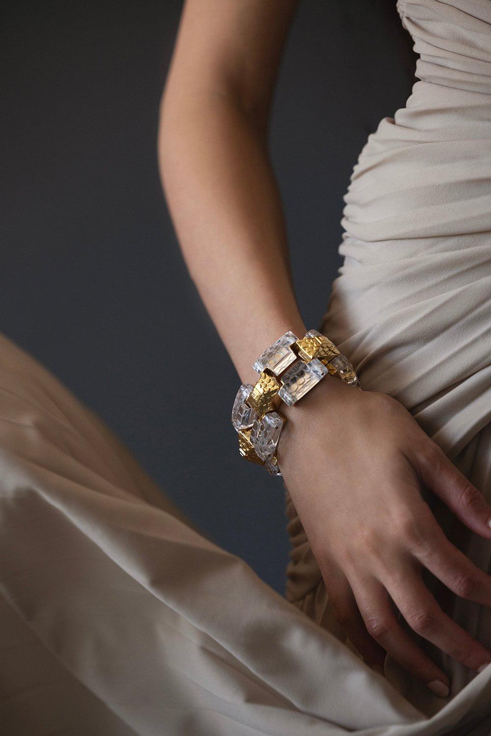 DAVID WEBB-Rock Crystal Tank Bracelet-YELLOW GOLD