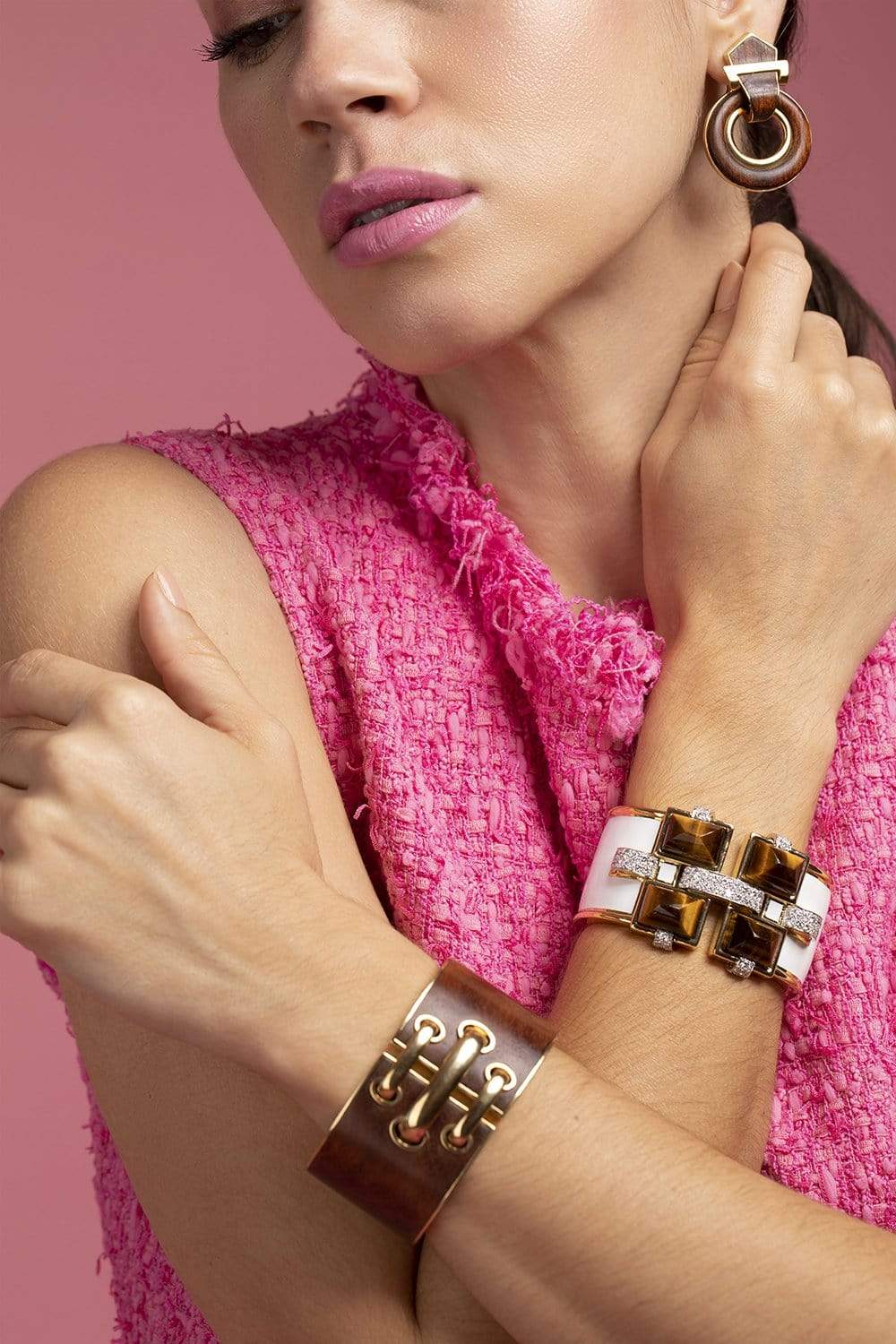 DAVID WEBB-Tigers Eye and Diamond Bastille Cuff-YELLOW GOLD
