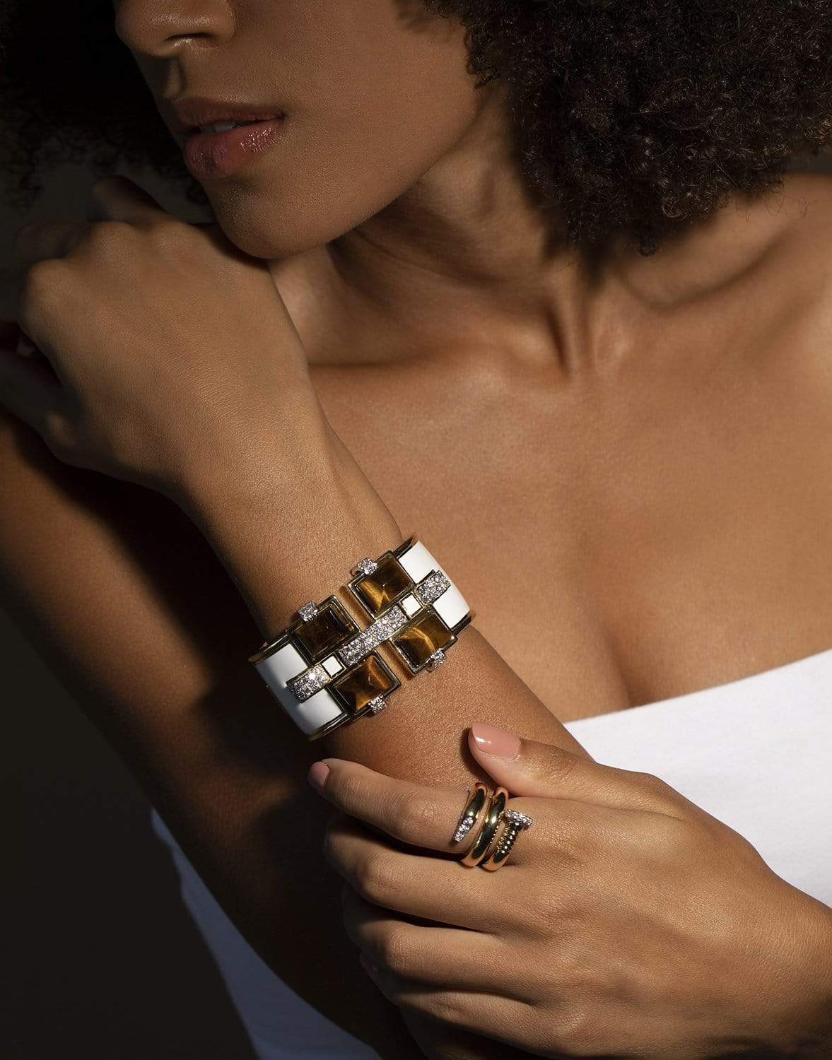 DAVID WEBB-Tigers Eye and Diamond Bastille Cuff-YELLOW GOLD