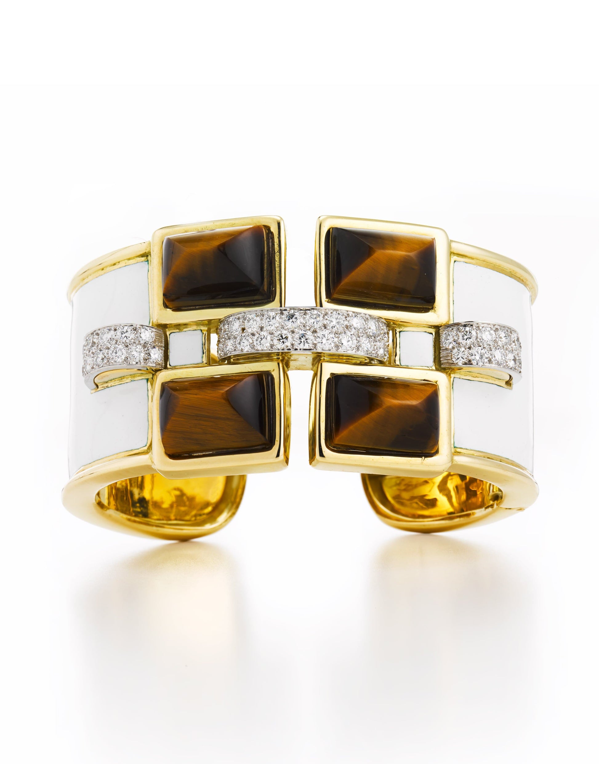 DAVID WEBB-Tigers Eye and Diamond Bastille Cuff-YELLOW GOLD