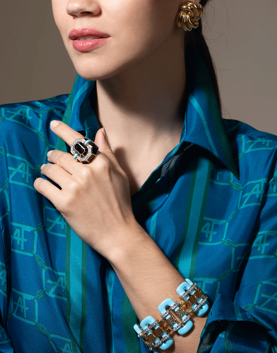 DAVID WEBB-Tread Turquoise and Diamond Bracelet-YELLOW GOLD