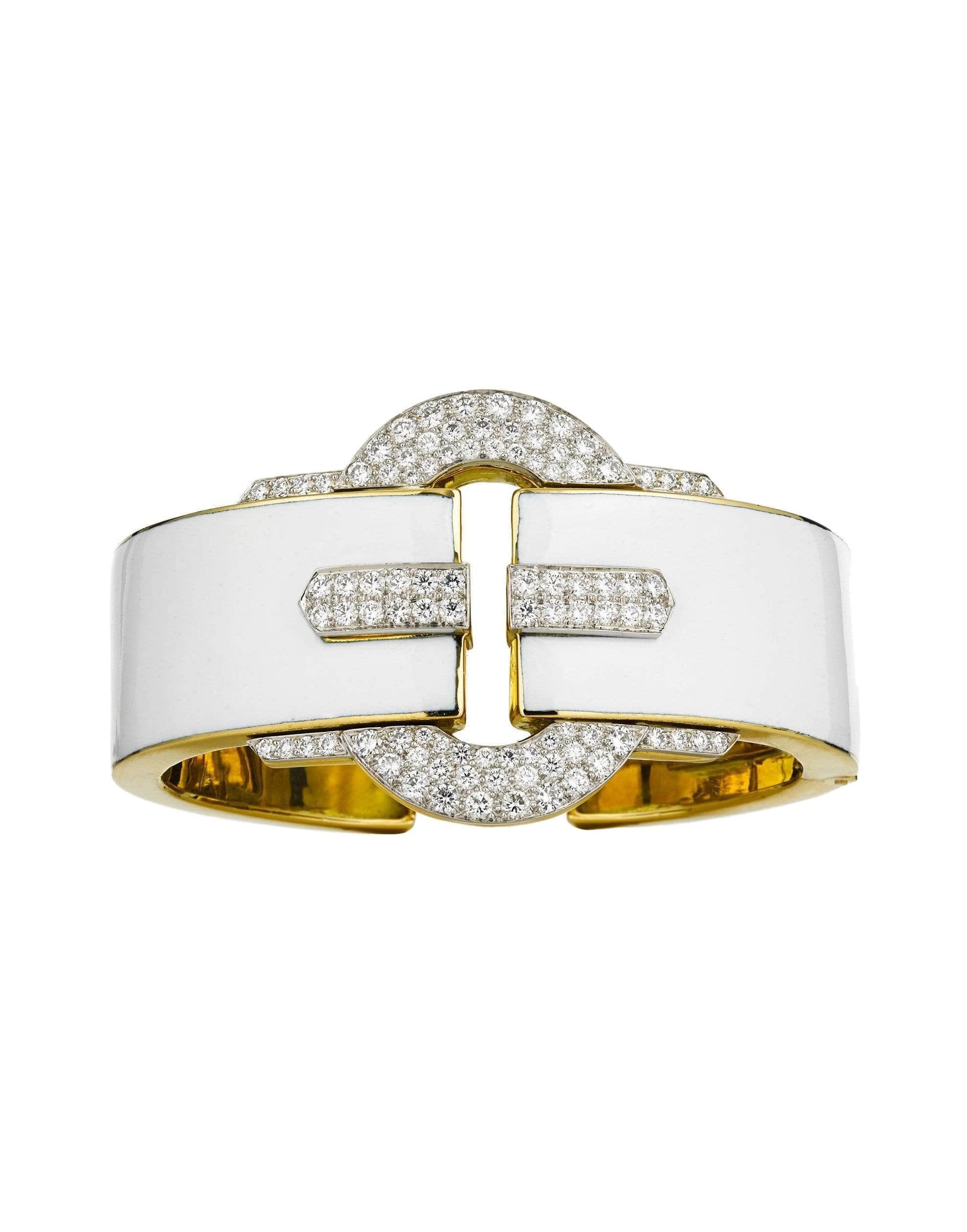 DAVID WEBB-White Enamel and Diamond Buckle Cuff-YELLOW GOLD