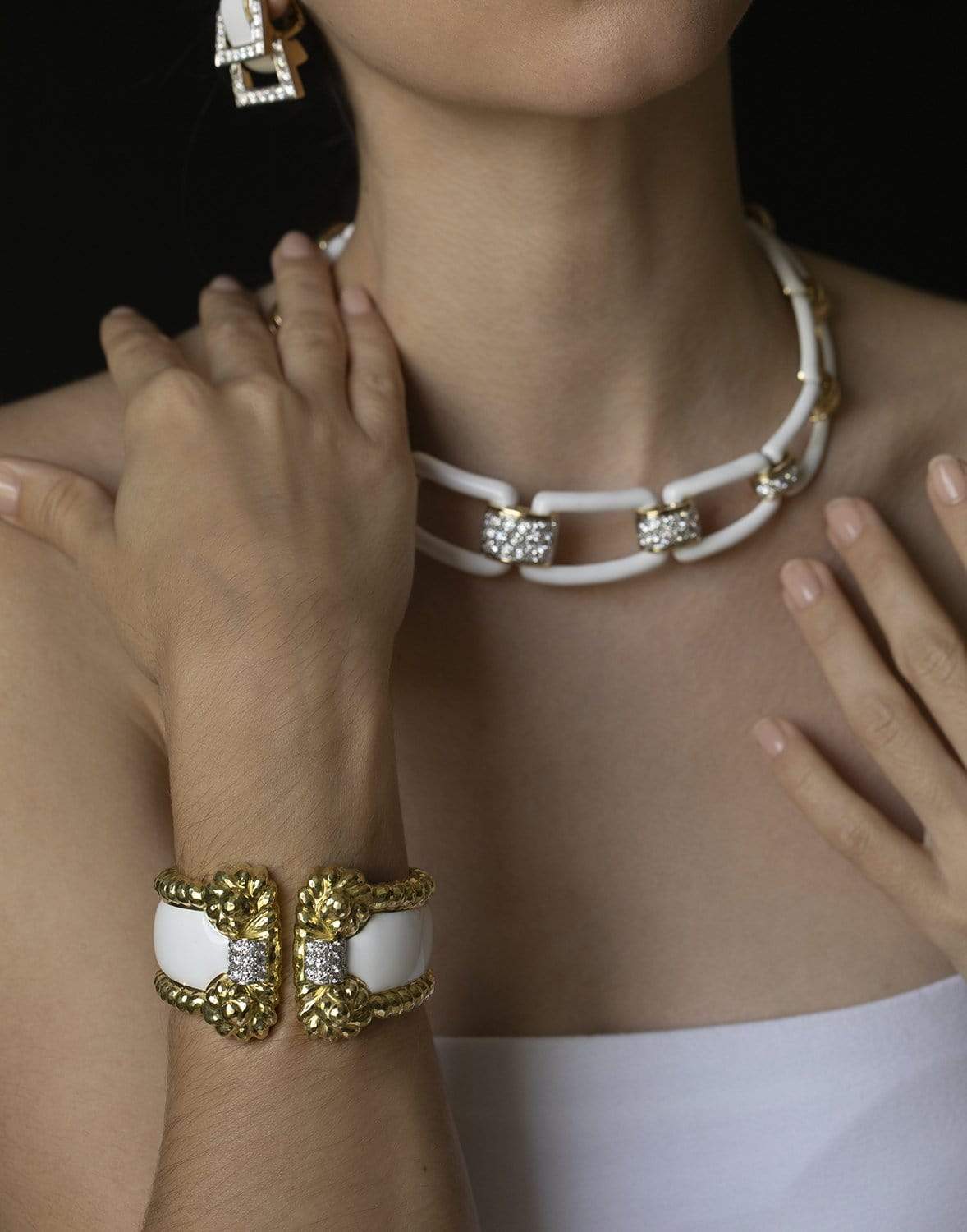 DAVID WEBB-White Enamel and Diamond Scroll Cuff-YELLOW GOLD
