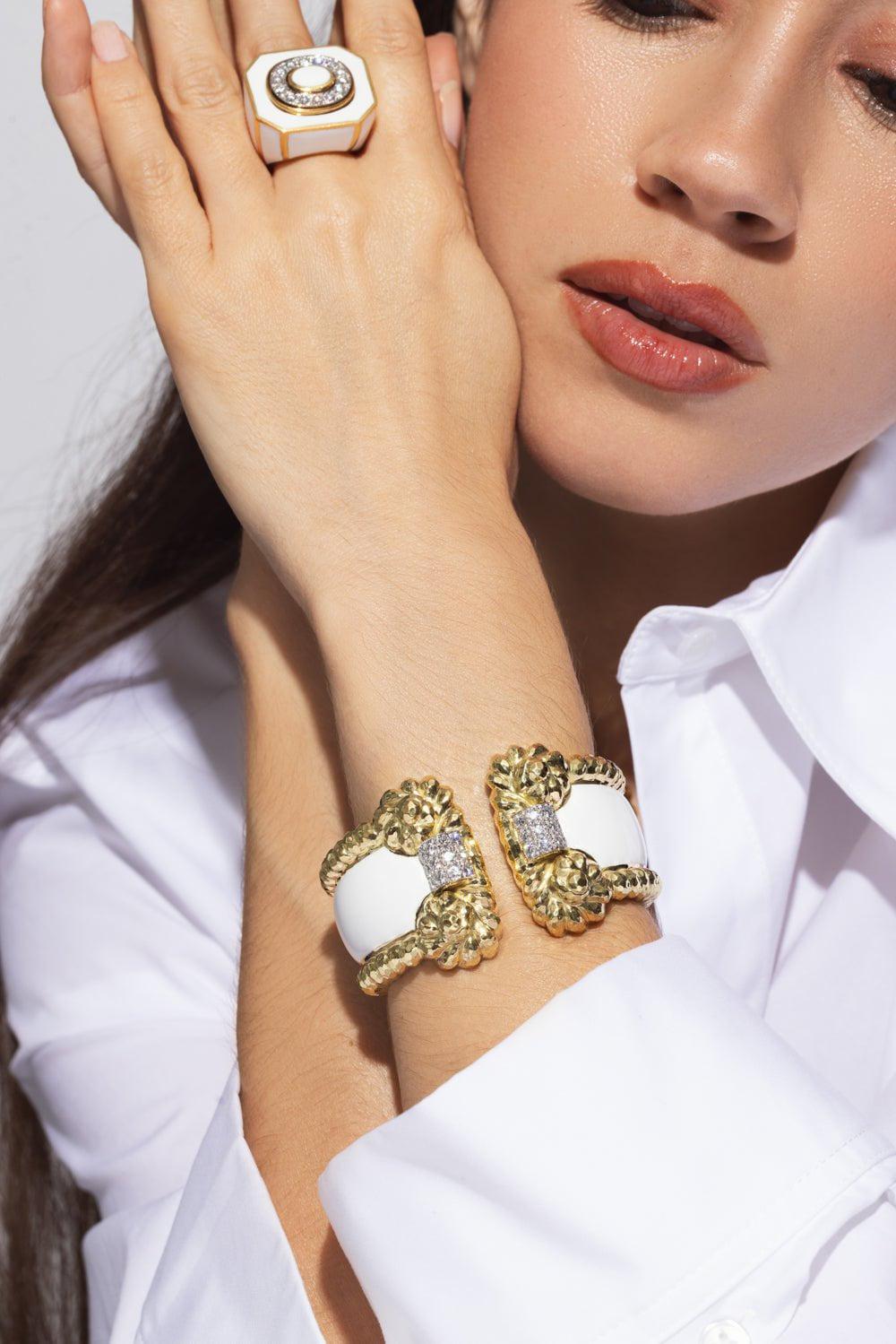 DAVID WEBB-White Enamel Rope Cuff Bracelet-YELLOW GOLD