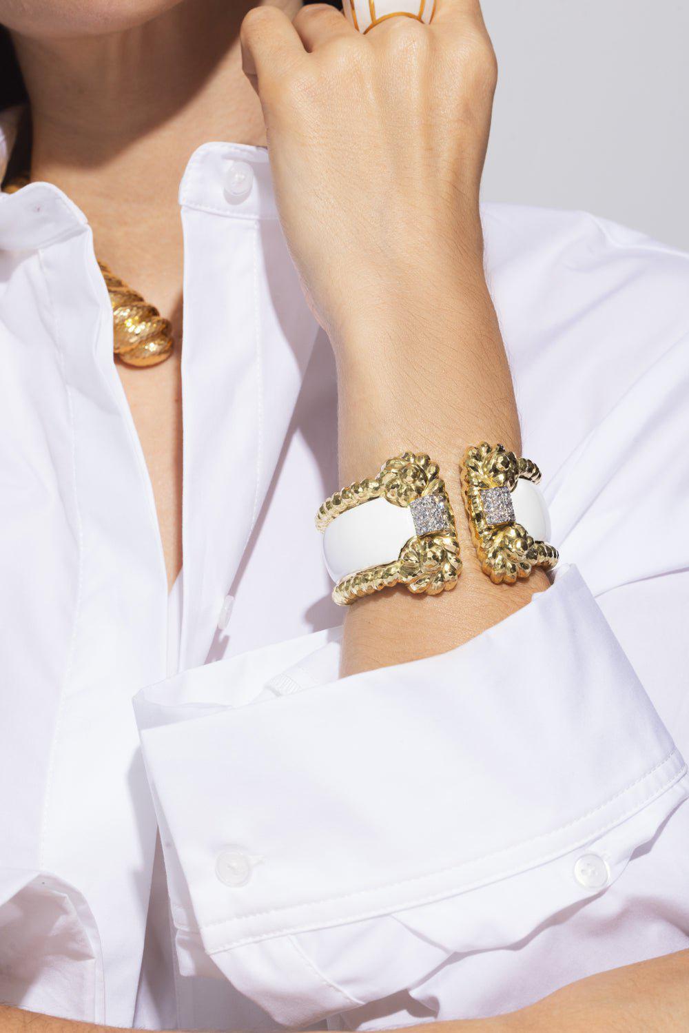 DAVID WEBB-White Enamel Rope Cuff Bracelet-YELLOW GOLD