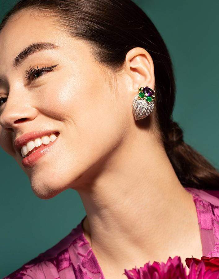 DAVID WEBB-Blossom Amethyst Emerald and Diamond Earrings-PLATINUM