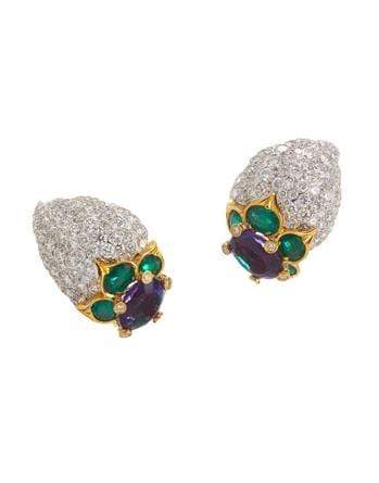 DAVID WEBB-Blossom Amethyst Emerald and Diamond Earrings-PLATINUM