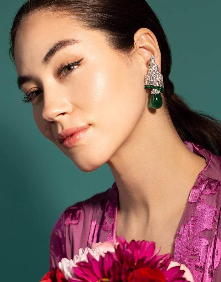 DAVID WEBB-Pear Shape Emerald and Diamond Earrings-PLATINUM