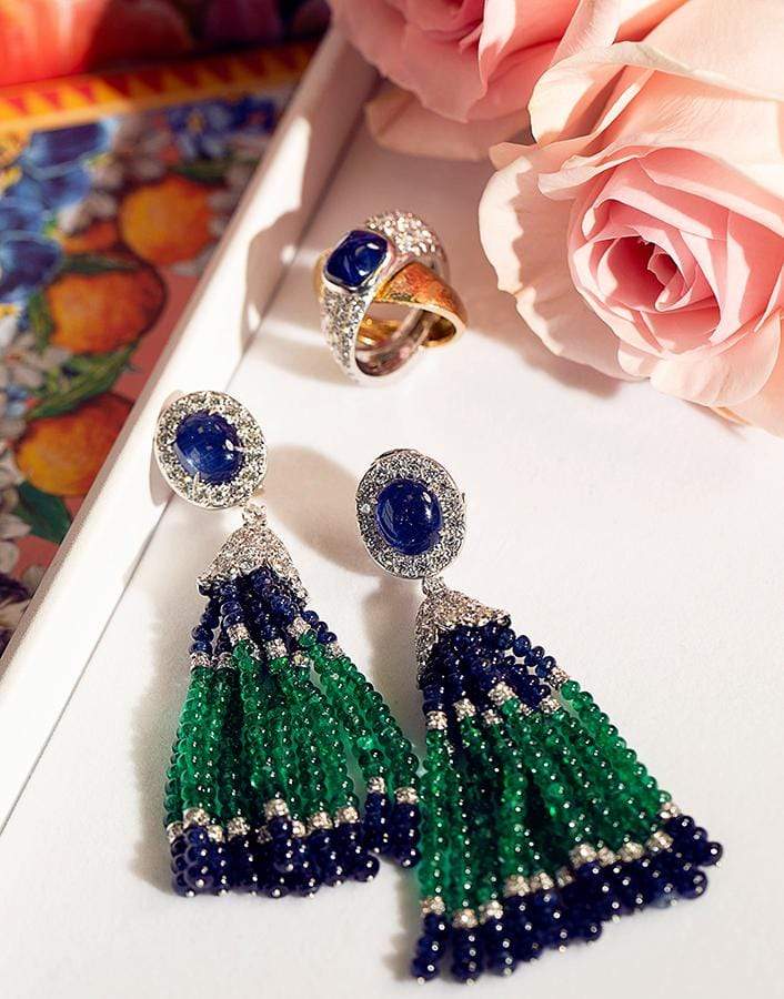DAVID WEBB-Sapphire Emerald and Diamond Tassel Earrings-PLATINUM