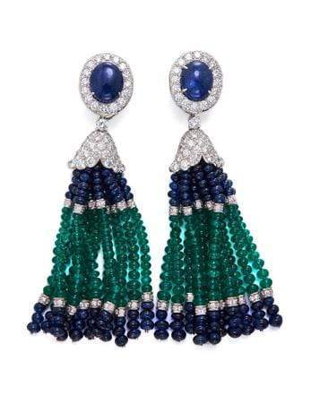 DAVID WEBB-Sapphire Emerald and Diamond Tassel Earrings-PLATINUM