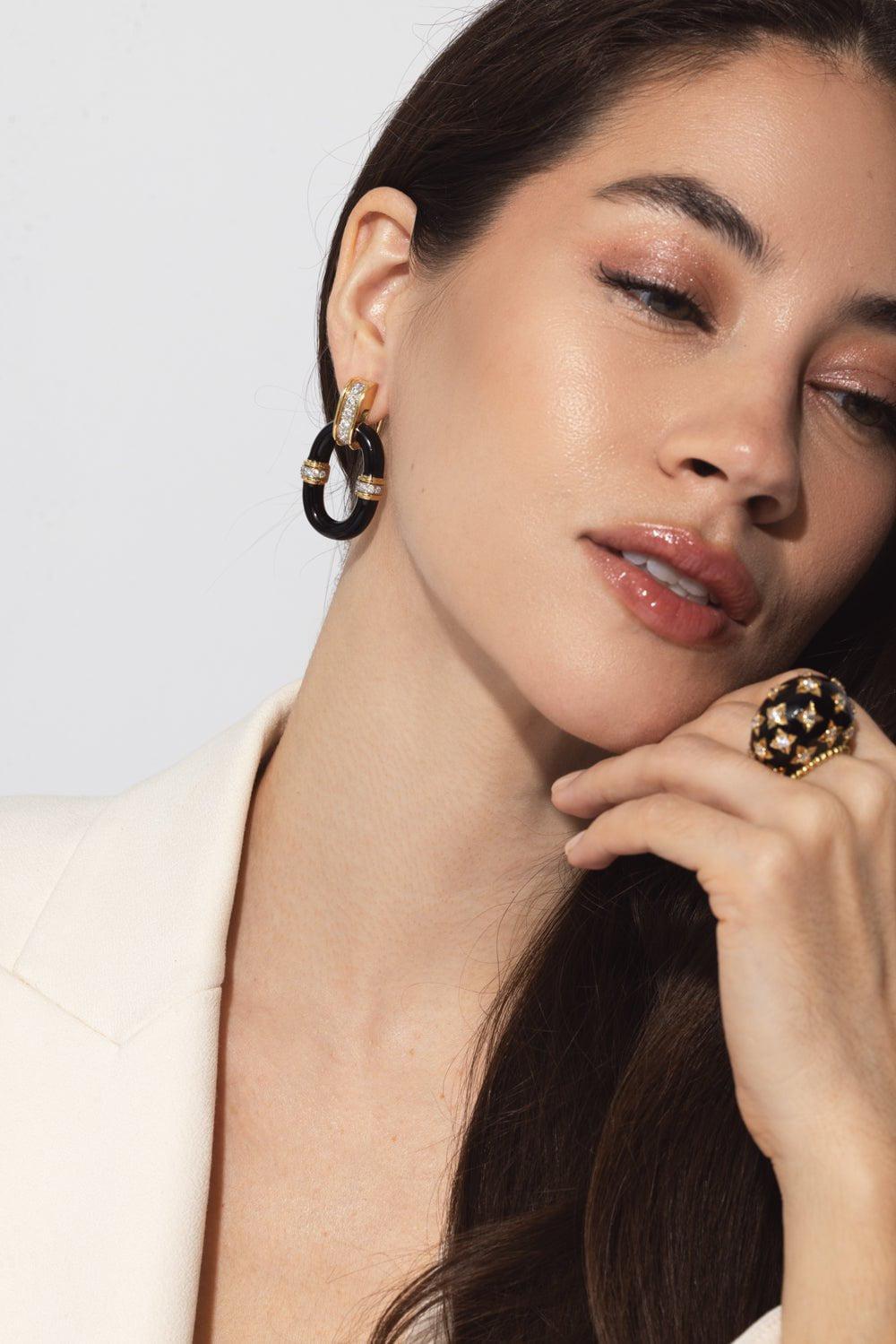 DAVID WEBB-Black Enamel Oval Link Earrings-YELLOW GOLD