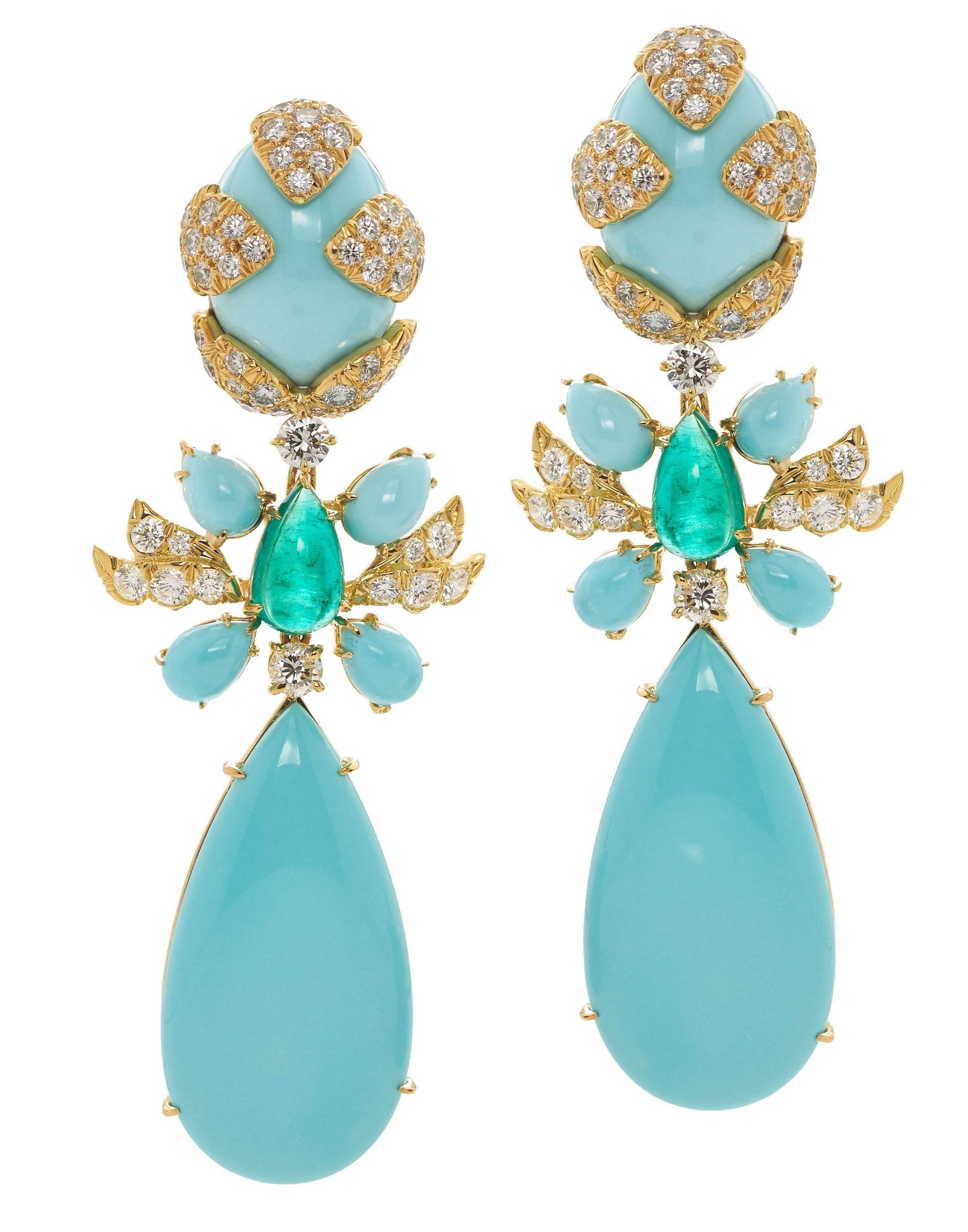 DAVID WEBB-Cabochon Turquoise Blossom Earrings-YELLOW GOLD
