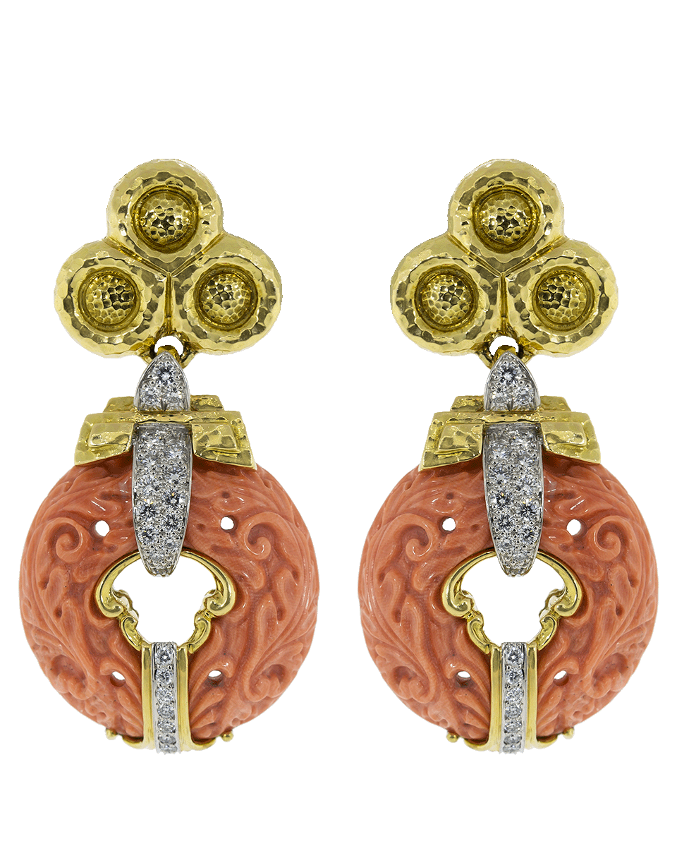 DAVID WEBB-Carved Coral and Diamond Earrings-YELLOW GOLD