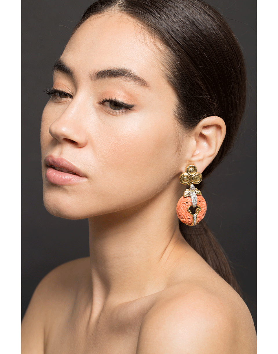 DAVID WEBB-Carved Coral and Diamond Earrings-YELLOW GOLD