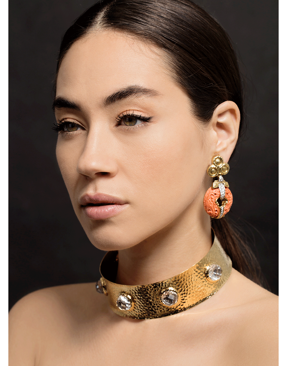 DAVID WEBB-Carved Coral and Diamond Earrings-YELLOW GOLD
