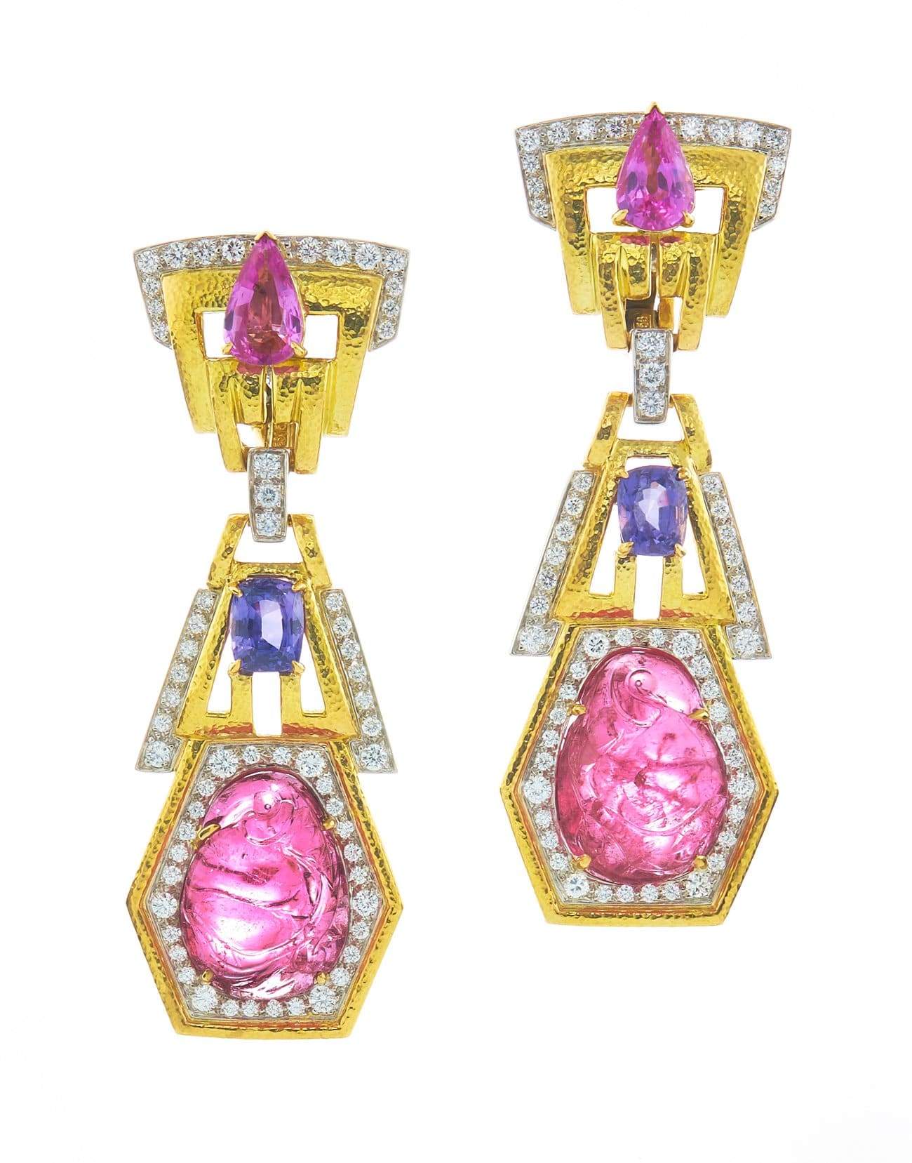 DAVID WEBB-Couture Sapphire, Tourmaline and Diamond Earrings-YELLOW GOLD