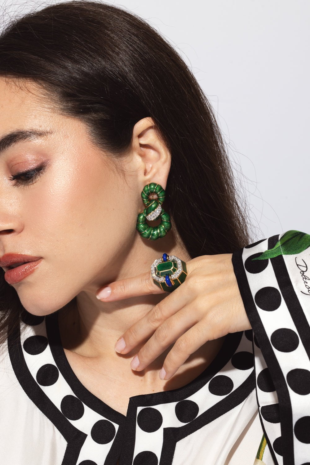 DAVID WEBB-Green Enamel Fancy Hoop Earrings-YELLOW GOLD