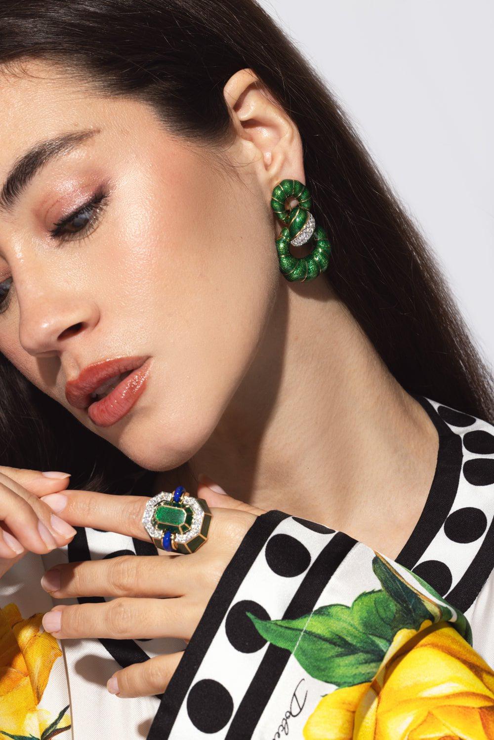 DAVID WEBB-Green Enamel Fancy Hoop Earrings-YELLOW GOLD