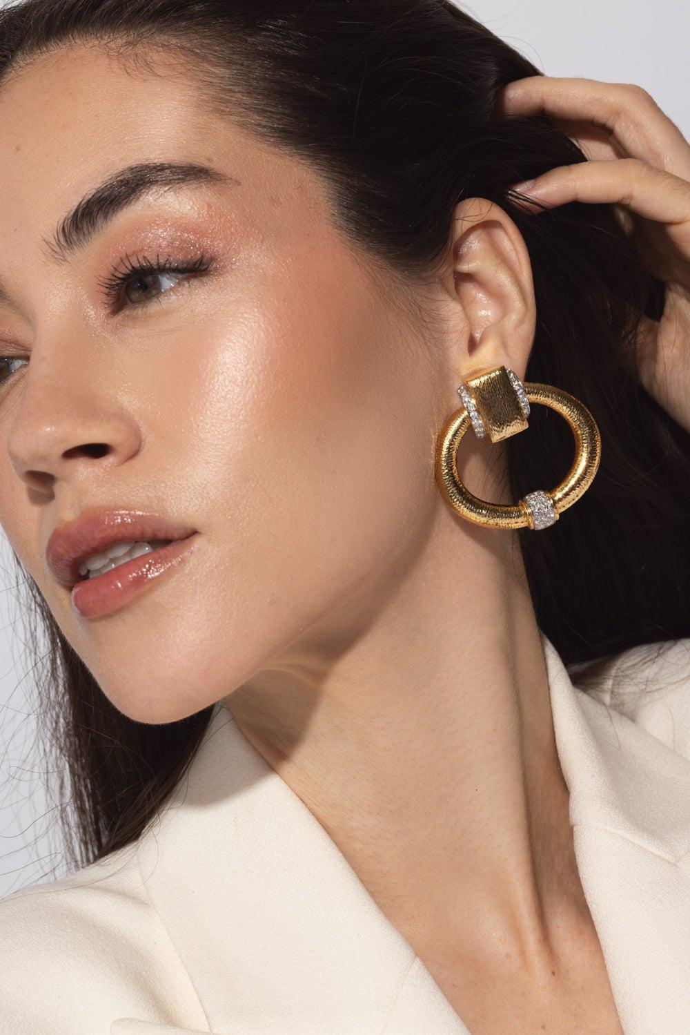 DAVID WEBB-Diamond Hammered Doorknocker Earrings-YELLOW GOLD