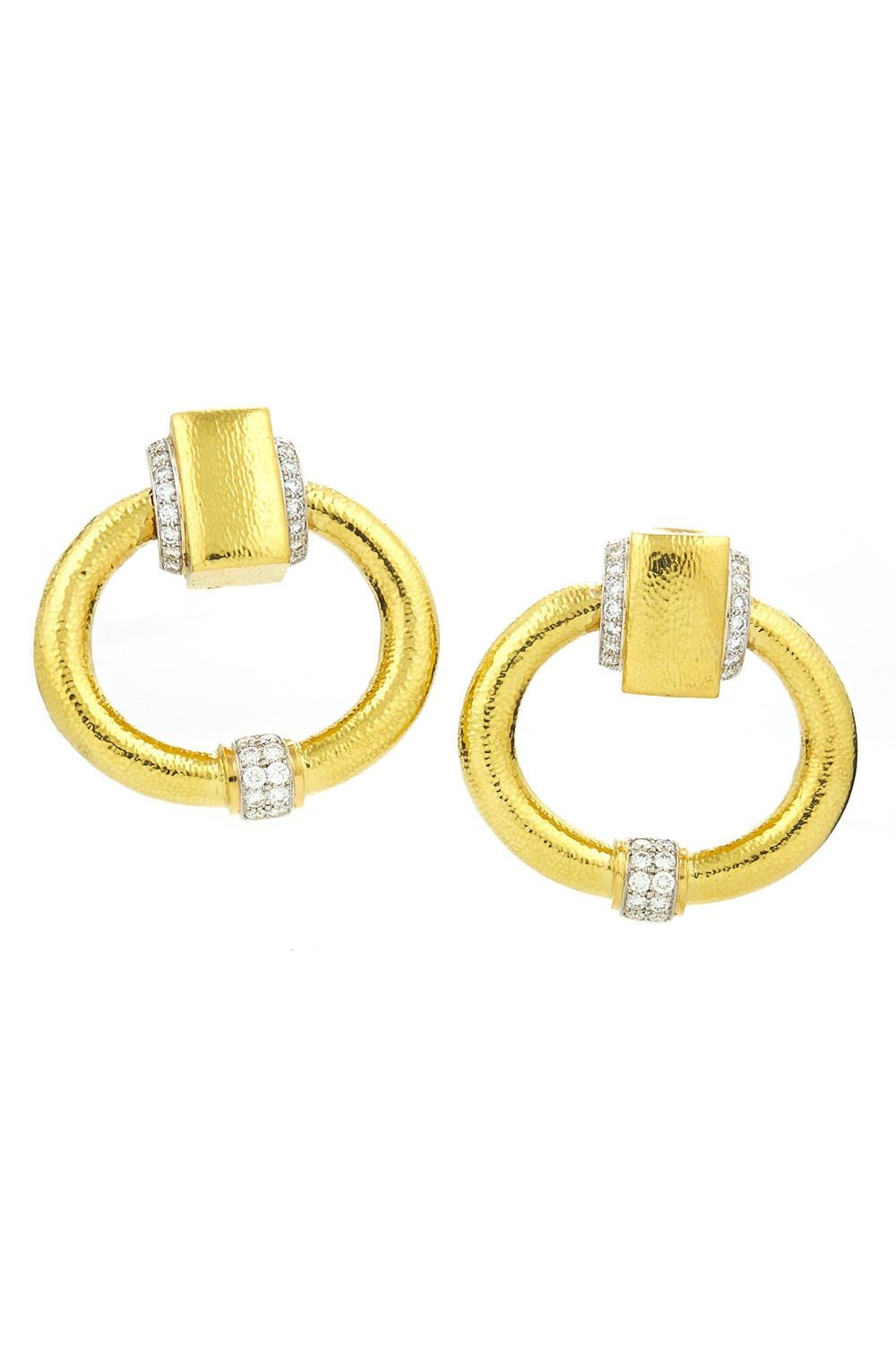 DAVID WEBB-Diamond Hammered Doorknocker Earrings-YELLOW GOLD