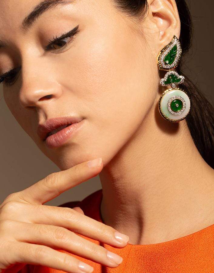 DAVID WEBB-Diamond Jade Disk Earrings-YELLOW GOLD