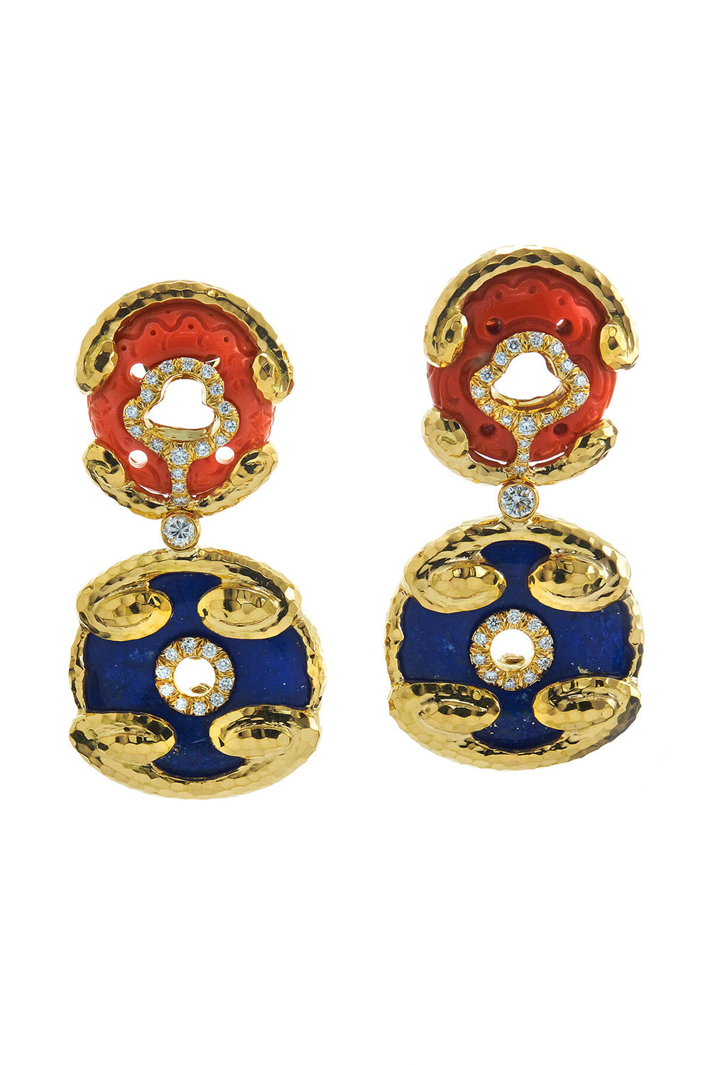 Diamond Lapis Lazuli Scroll Disk Earrings