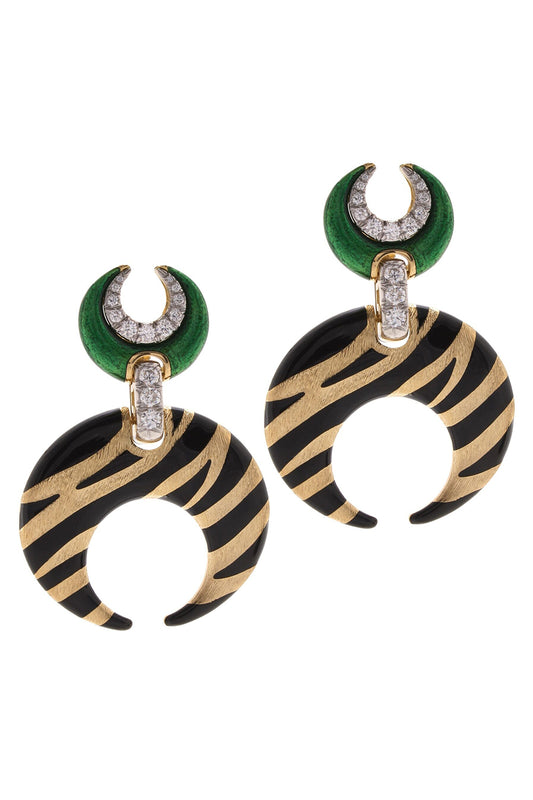Diamond Tiger Stripe Crescent Enamel Earrings-YELLOW GOLD-JEWELRYFINE JEWELEARRING-DAVID WEBB