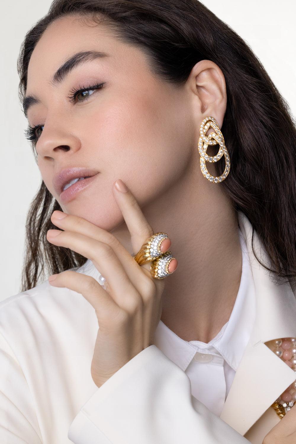 Diamond Triple Deck Earrings-YELLOW GOLD-JEWELRYFINE JEWELEARRING-DAVID WEBB