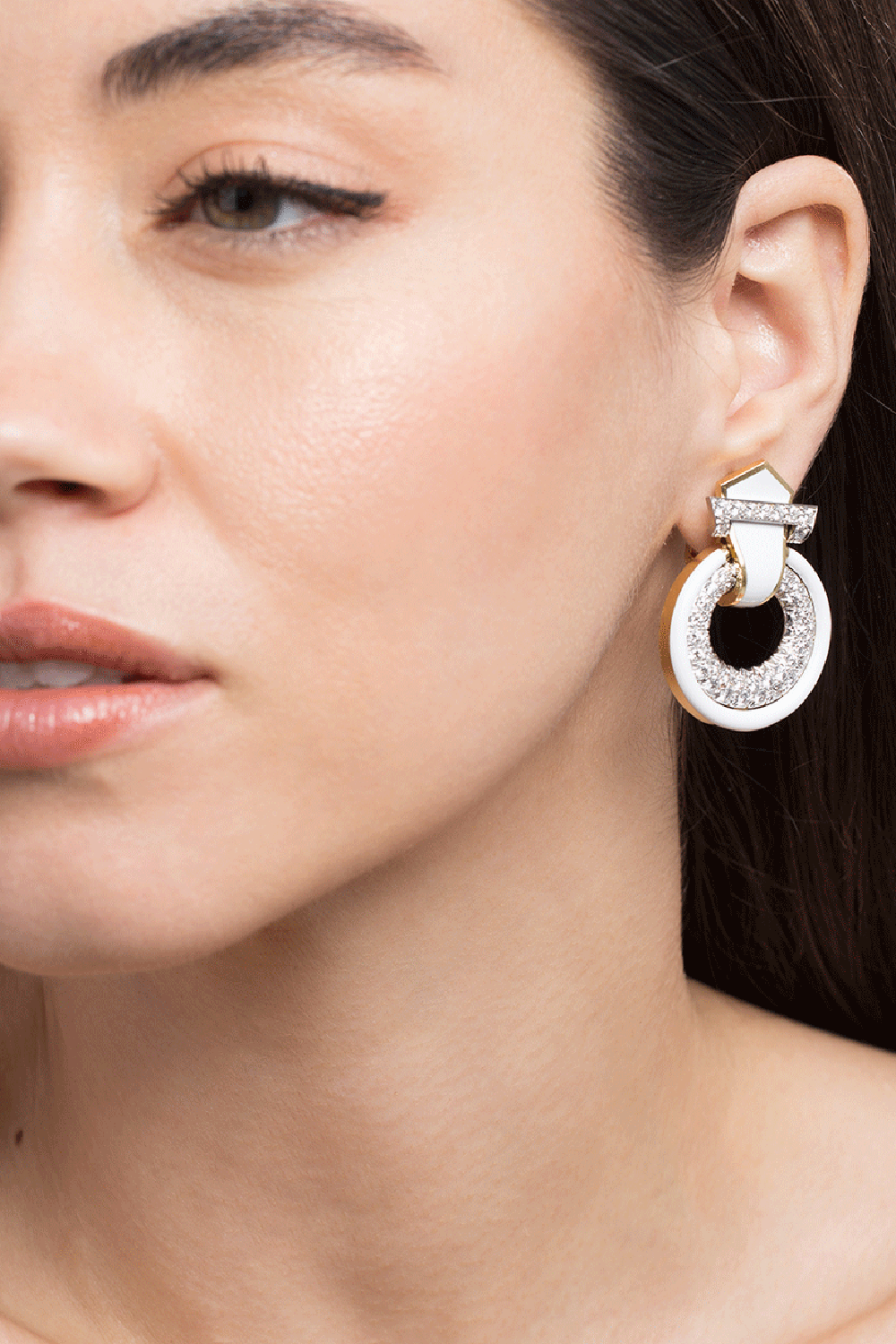  Diamond White Enamel Doorknocker Earrings-YELLOW GOLD-JEWELRYFINE JEWELEARRING-DAVID WEBB 
