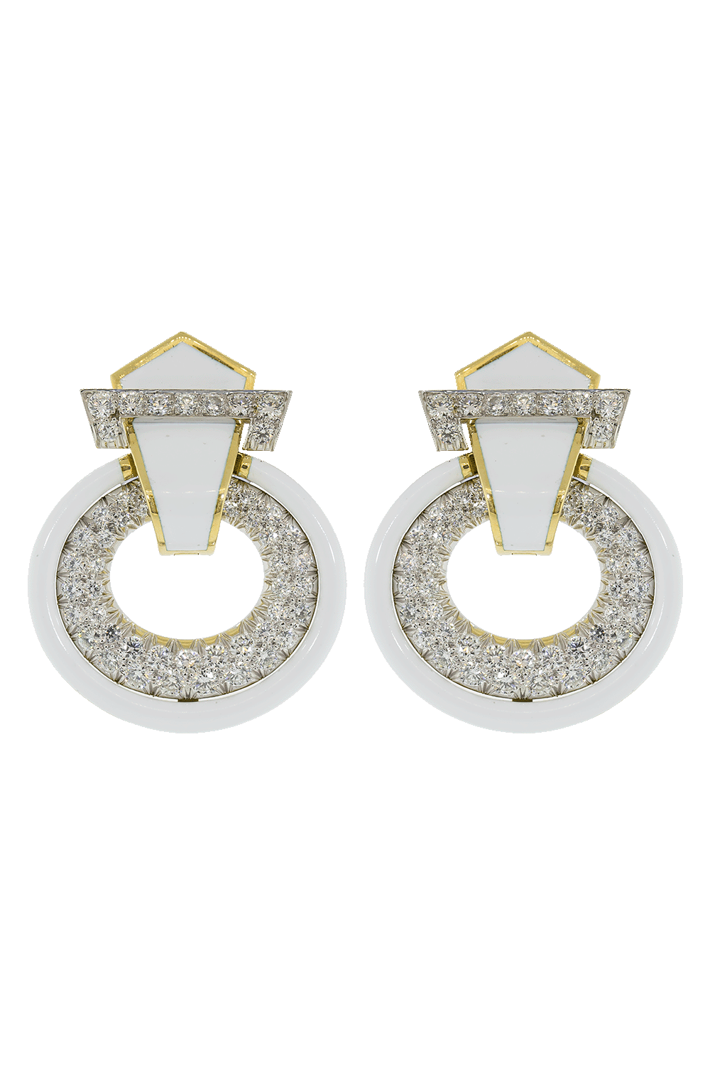  Diamond White Enamel Doorknocker Earrings-YELLOW GOLD-JEWELRYFINE JEWELEARRING-DAVID WEBB 