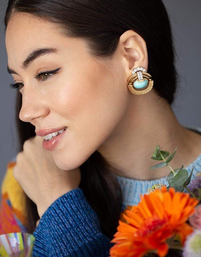 DAVID WEBB-Doorknocker Turquoise and Diamond Earrings-YELLOW GOLD