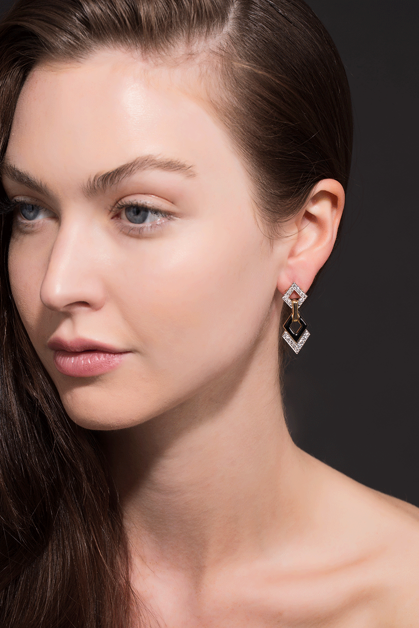 DAVID WEBB-Double Diamond And Black Enamel Earrings-YELLOW GOLD