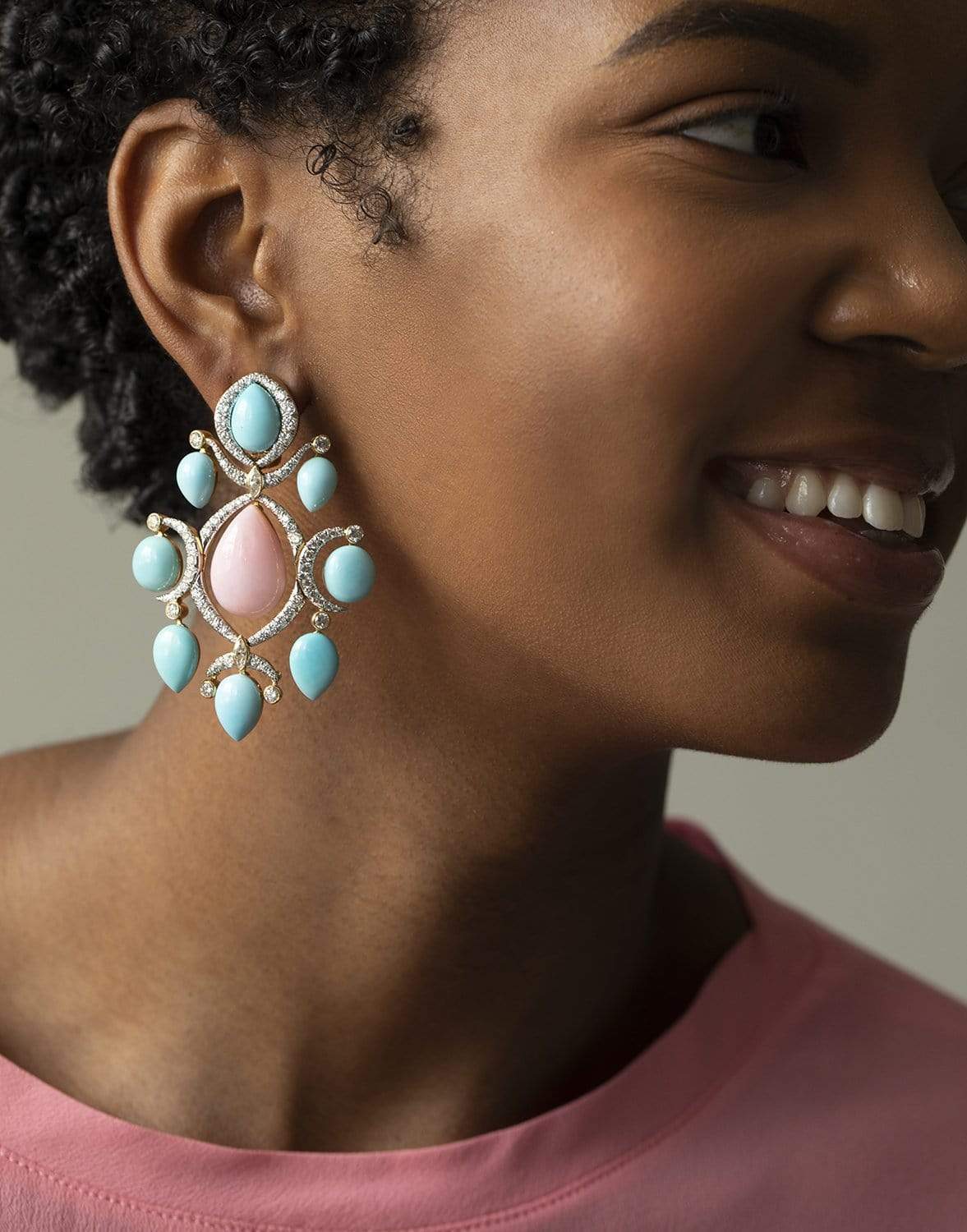 DAVID WEBB-Dusk Pink Opal and Turquoise Earrings-YELLOW GOLD