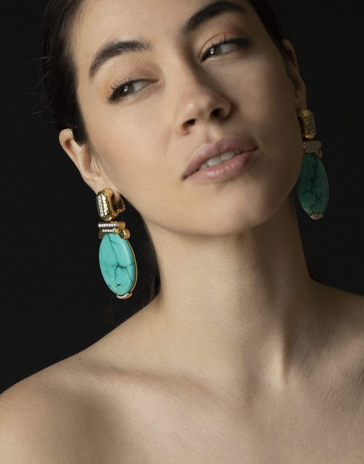 DAVID WEBB-Oval Turquoise and Diamond Earrings-YELLOW GOLD