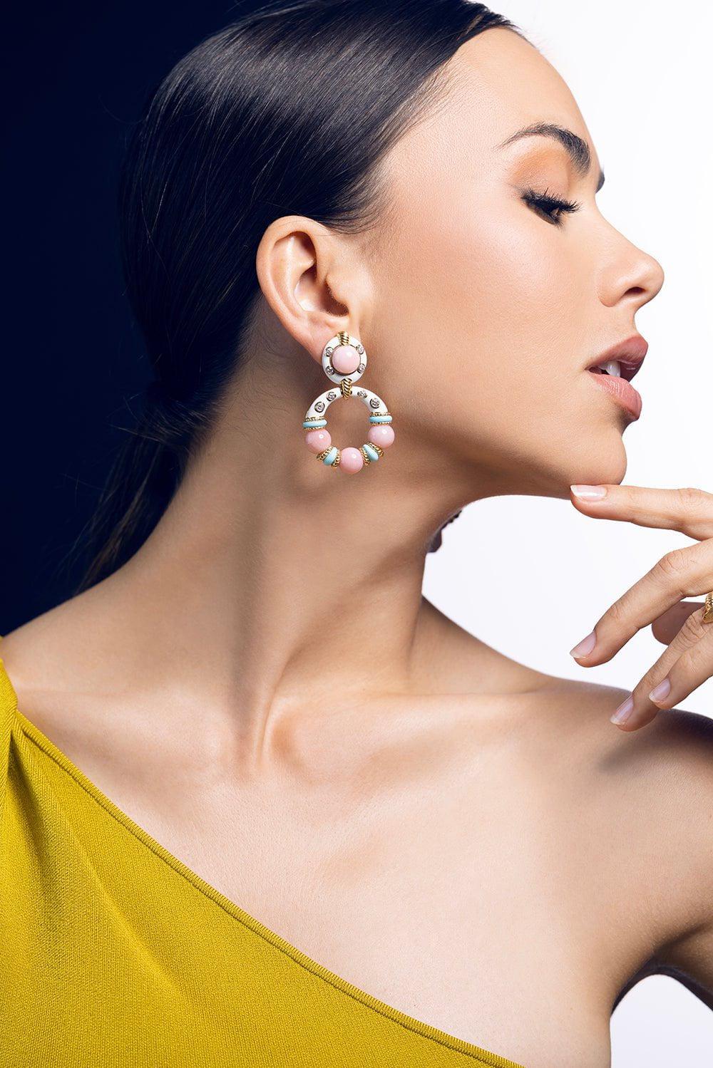 DAVID WEBB-Pink Opal and Turquoise Earrings-YELLOW GOLD