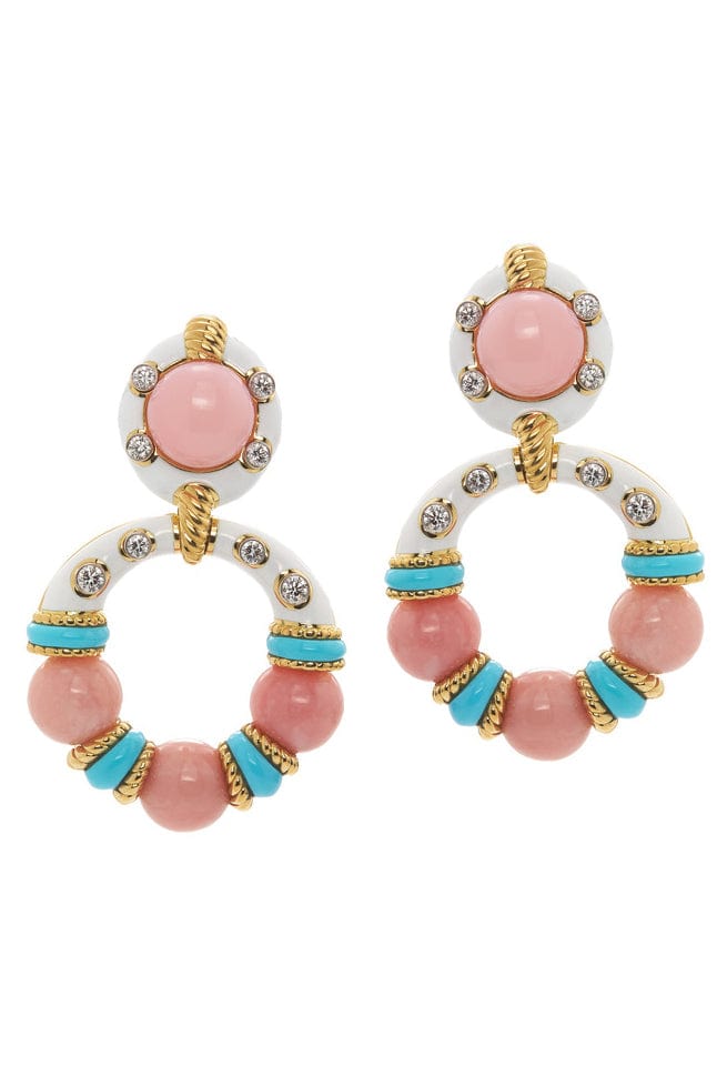 DAVID WEBB-Pink Opal and Turquoise Earrings-YELLOW GOLD