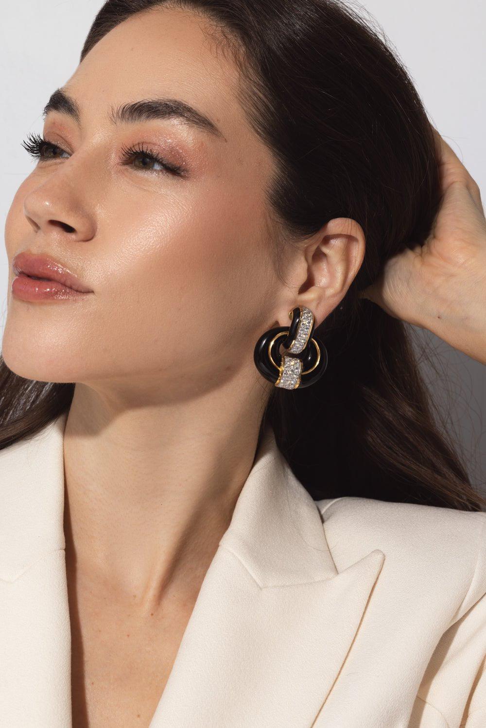 DAVID WEBB-Rock Center Black Enamel Doorknocker Earrings-YELLOW GOLD