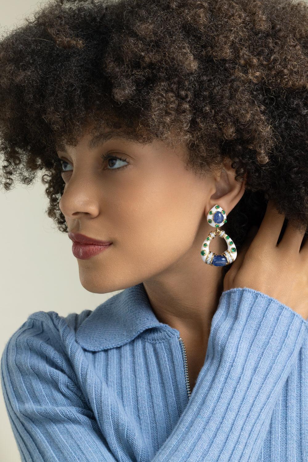 Sapphire Emerald Stud Hoop Earrings-YELLOW GOLD-JEWELRYFINE JEWELEARRING-DAVID WEBB