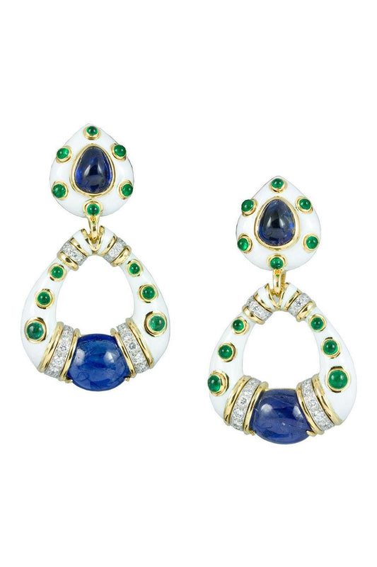Sapphire Emerald White Stud Hoop Earrings-YELLOW GOLD-JEWELRYFINE JEWELEARRING-DAVID WEBB