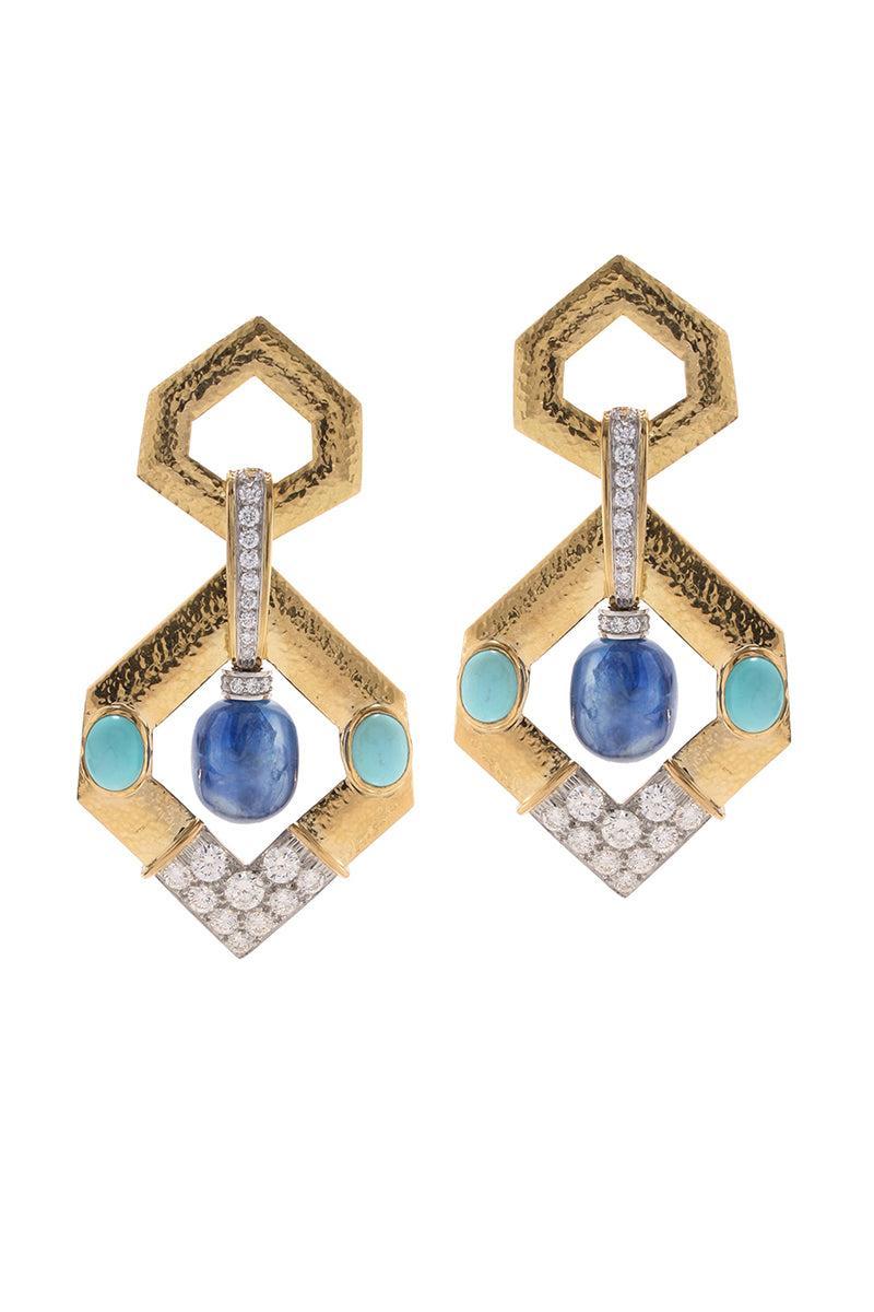 Sapphire V Inset Hexagonal Doorknocker Earrings-YELLOW GOLD-JEWELRYFINE JEWELEARRING-DAVID WEBB