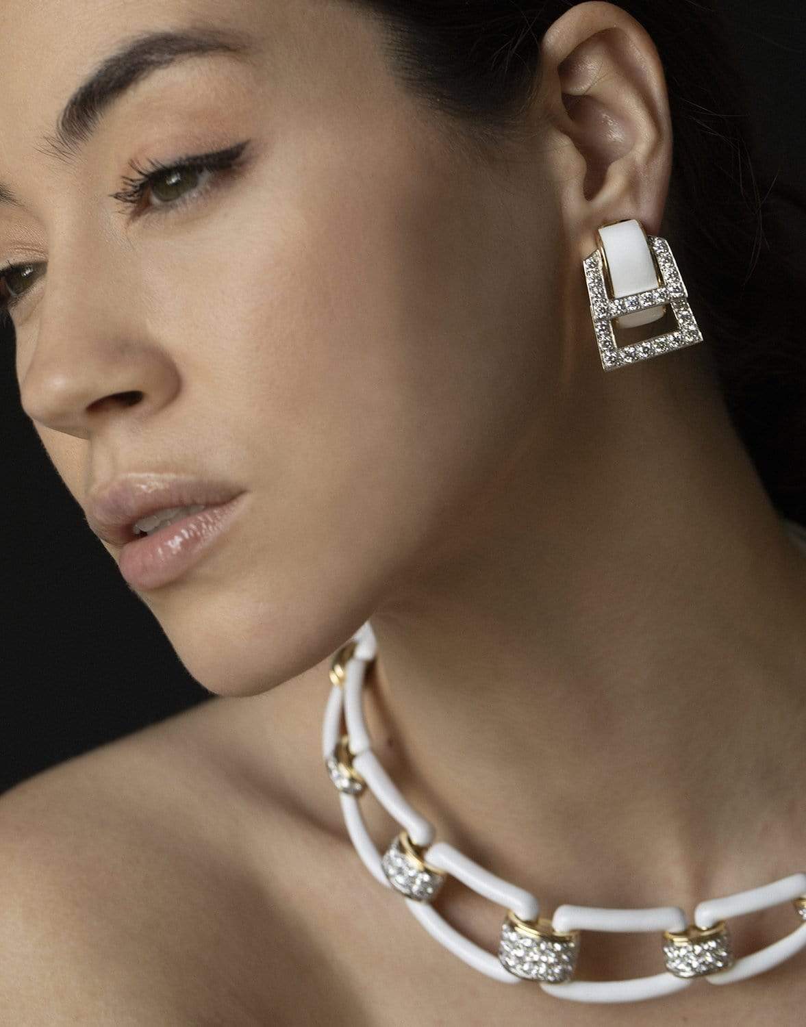 DAVID WEBB-White Enamel and Diamond Strap Earrings-YELLOW GOLD