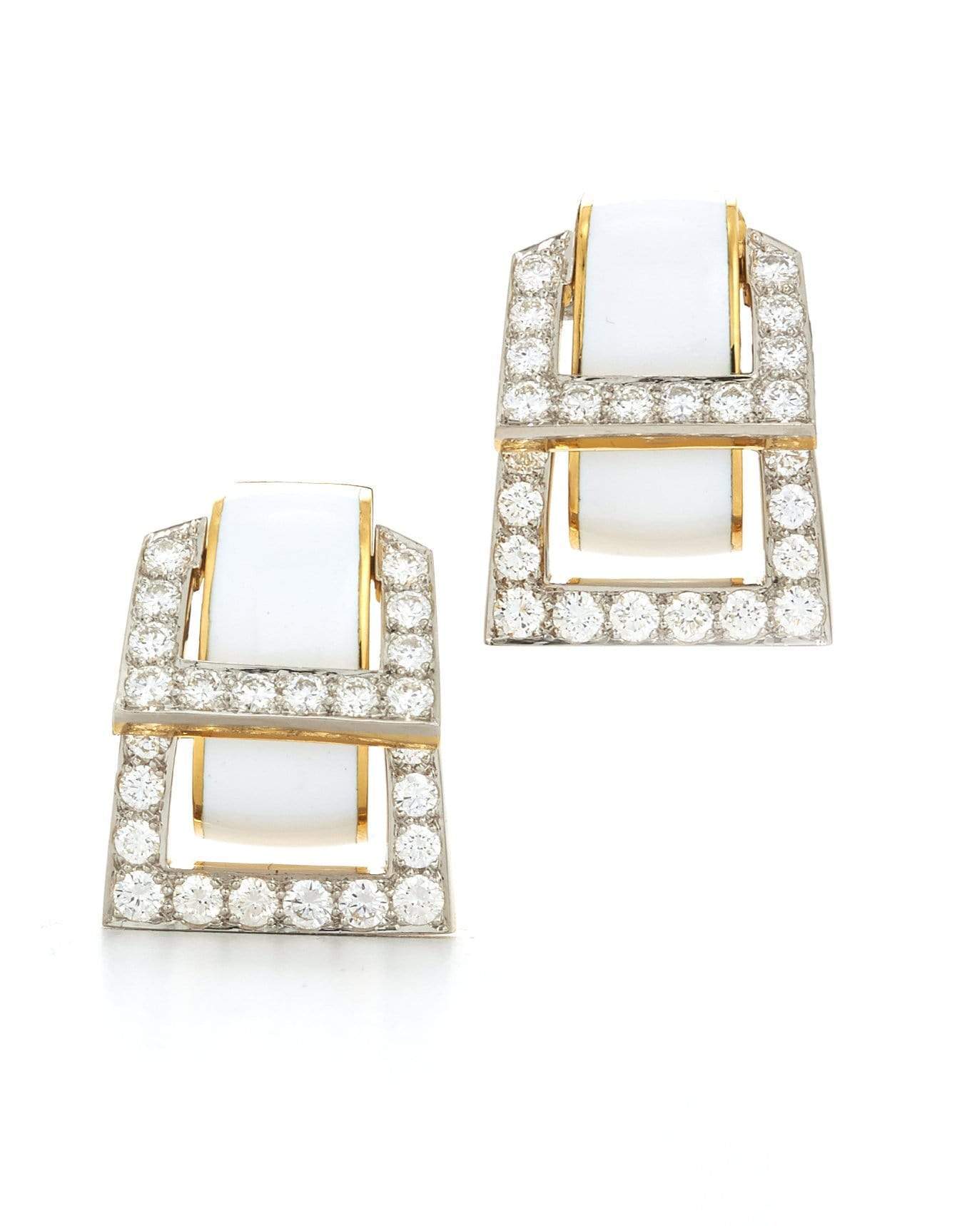 DAVID WEBB-White Enamel and Diamond Strap Earrings-YELLOW GOLD
