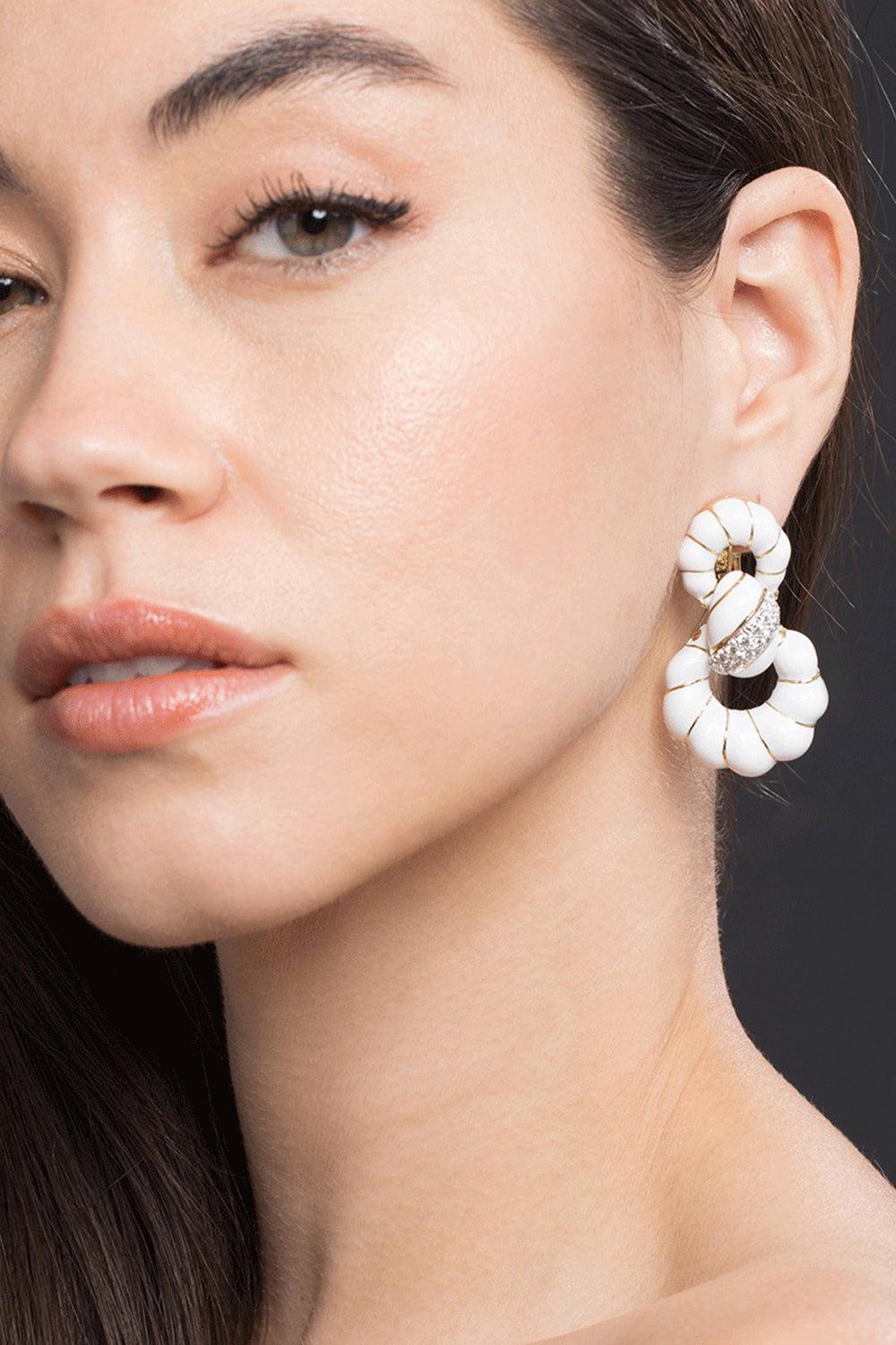DAVID WEBB-White Enamel Fancy Hoop Earrings-YELLOW GOLD