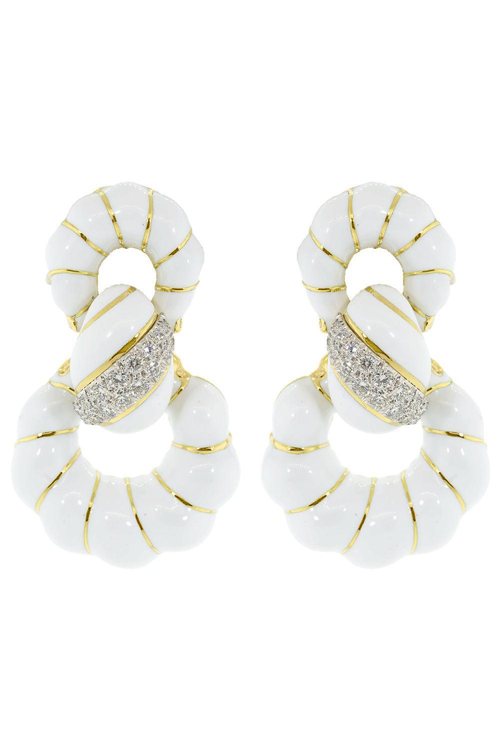 DAVID WEBB-White Enamel Fancy Hoop Earrings-YELLOW GOLD