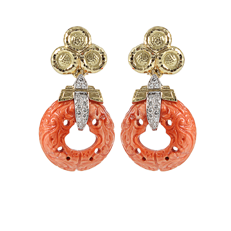 DAVID WEBB-Carved Coral and Diamond Earrings-YLW GOLD