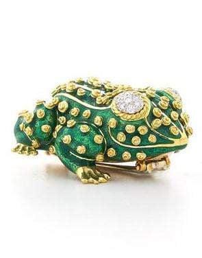 DAVID WEBB-Green Enamel and Diamond Frog Brooch-YELLOW GOLD