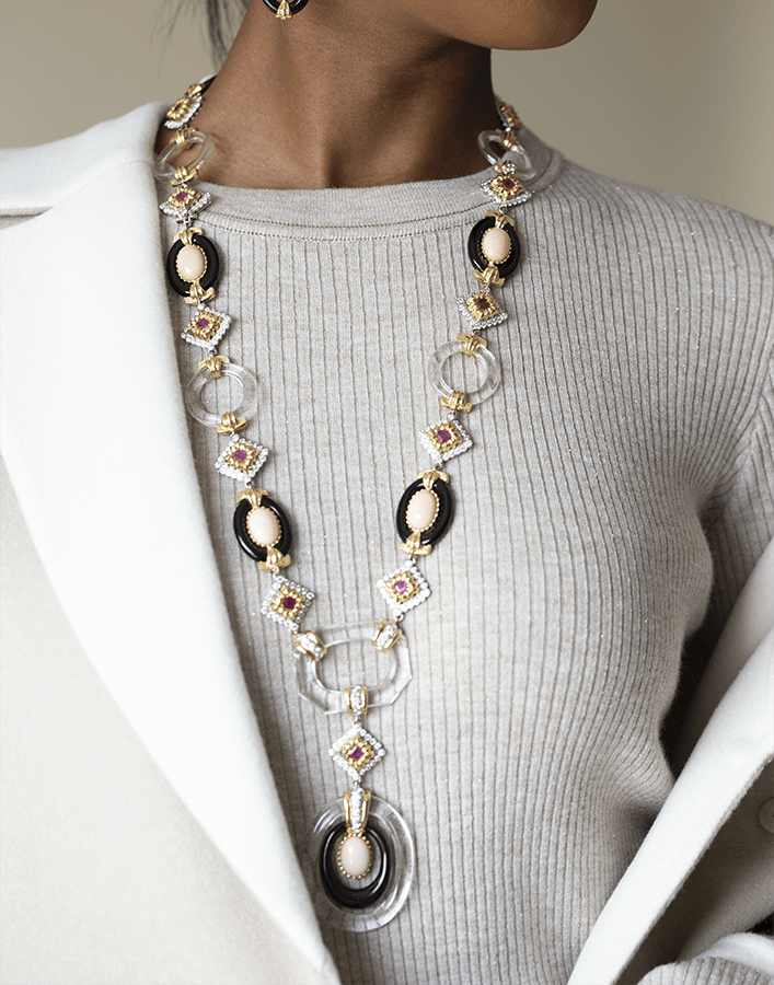 DAVID WEBB-Cabochon Angelskin Coral Cross River Necklace-YELLOW GOLD