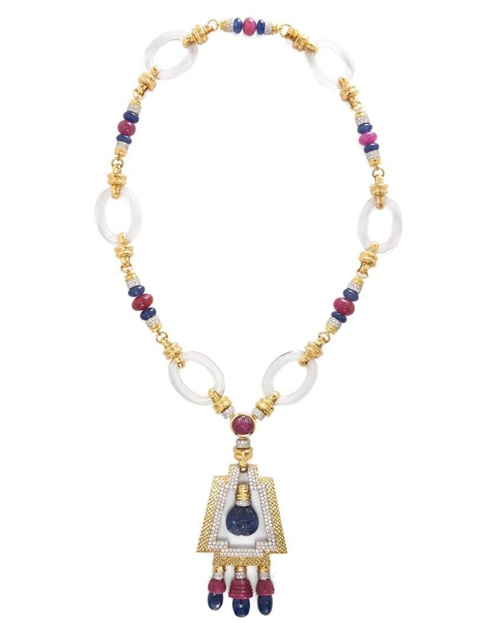 DAVID WEBB-Carved Sapphire And Ruby Ancient Altar Necklace-YELLOW GOLD