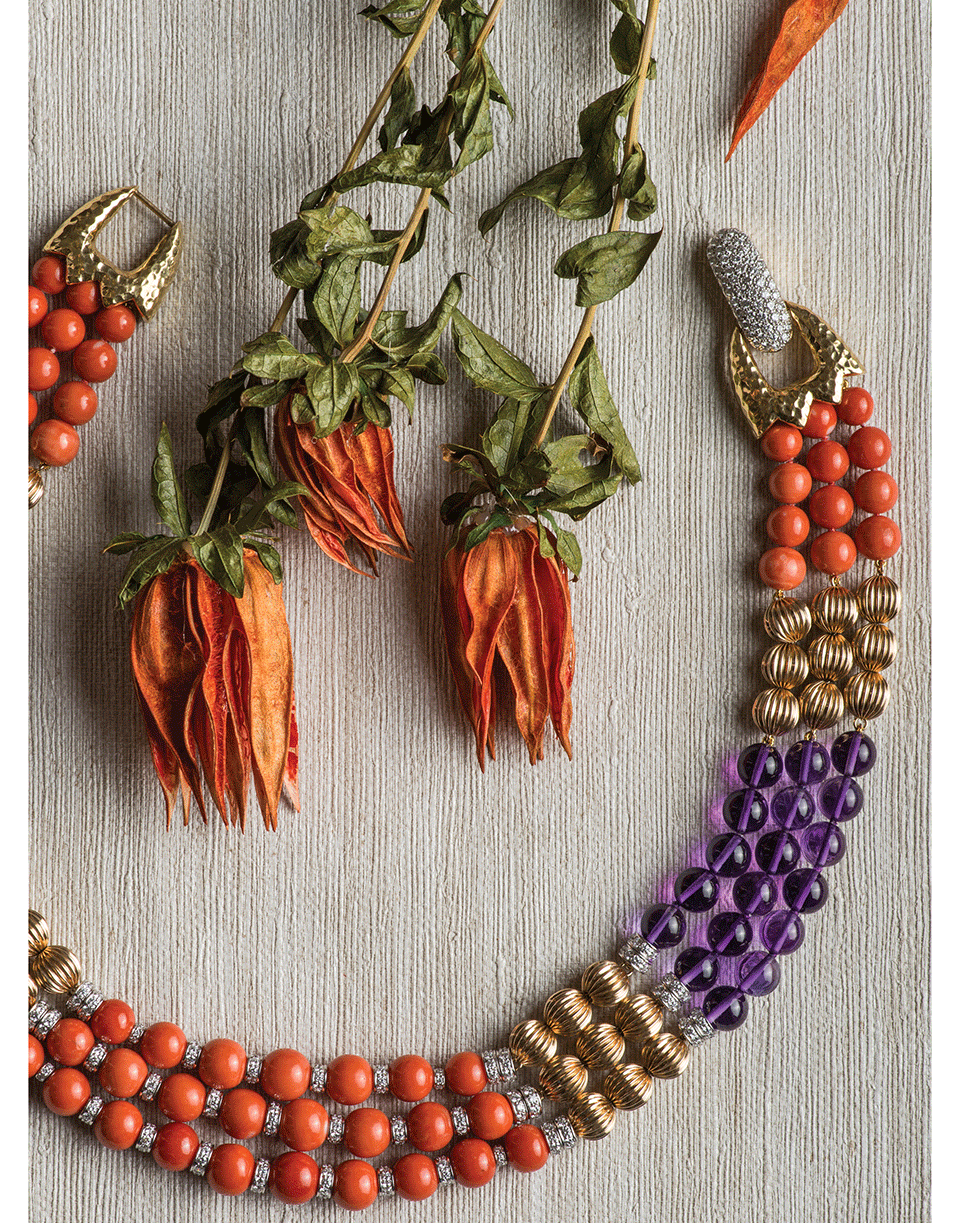DAVID WEBB-Coral and Amethyst Bead Necklace-YELLOW GOLD