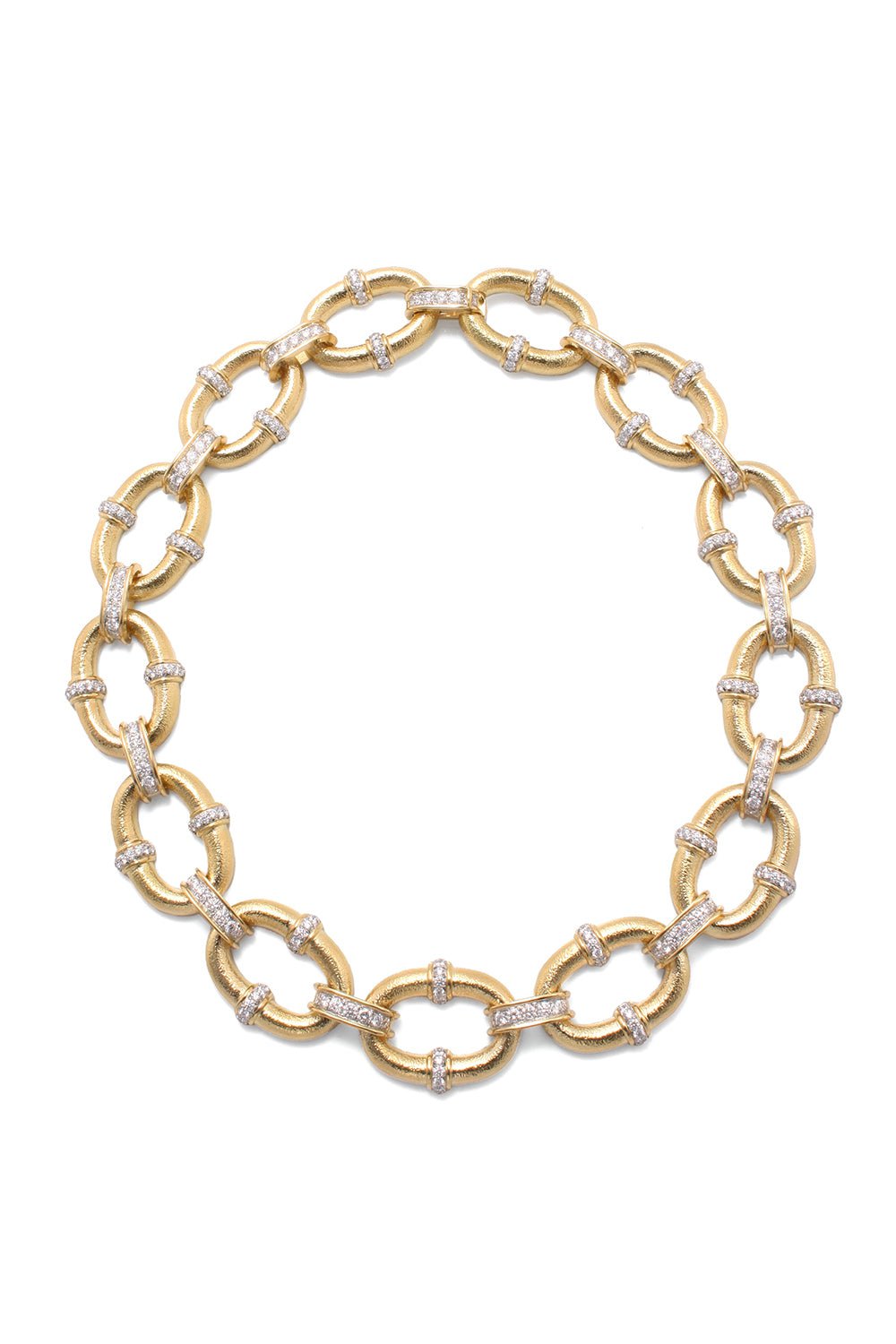 DAVID WEBB-Diamond Hammered Oval Link Necklace-YELLOW GOLD
